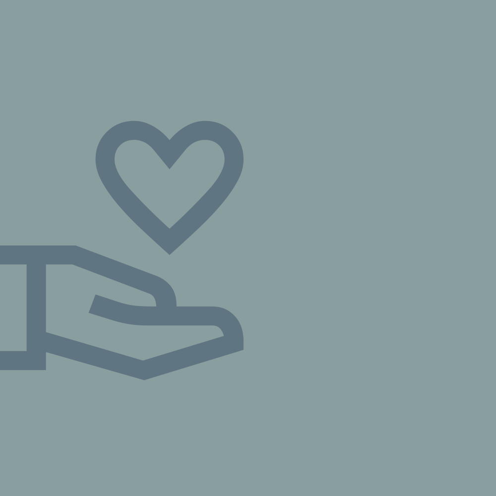 Medium blue colored background with a simple icon of a hand holding a heart